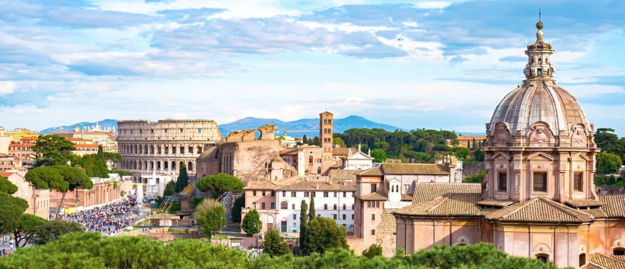 Rome with Colosseum and historic buildings.