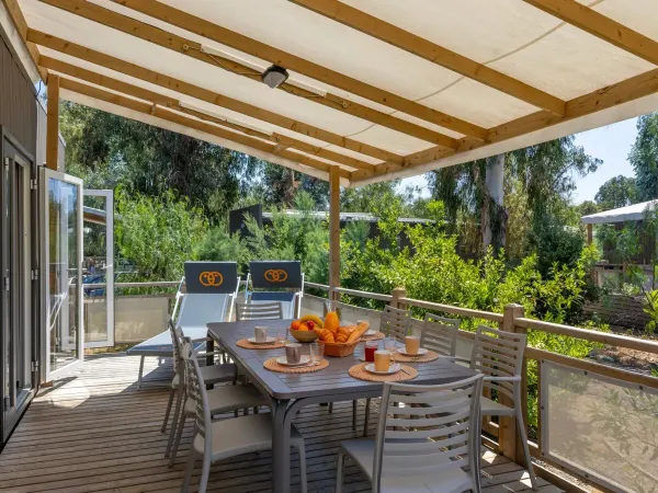 The veranda of the Supreme mobile home at Arinella Bianca campsite.
