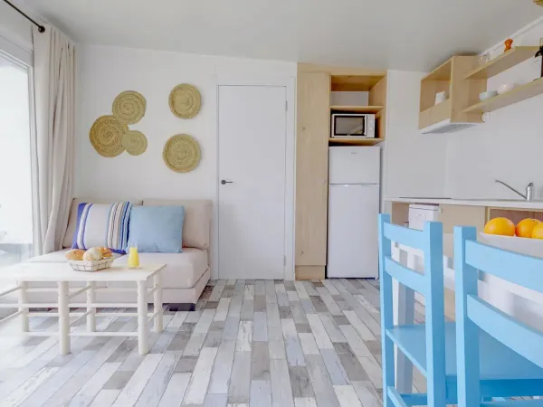 The seating area and kitchen of the Roan mobile home Premium Premium Zone.