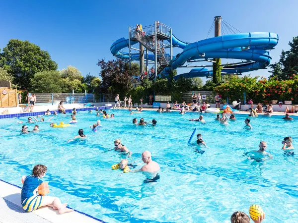 Olympic-size pool with slide at Roan camping Domaine Naïades.