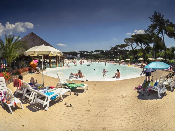 Sunbeds by the toddler lagoon pool at Roan camping Park Albatros.