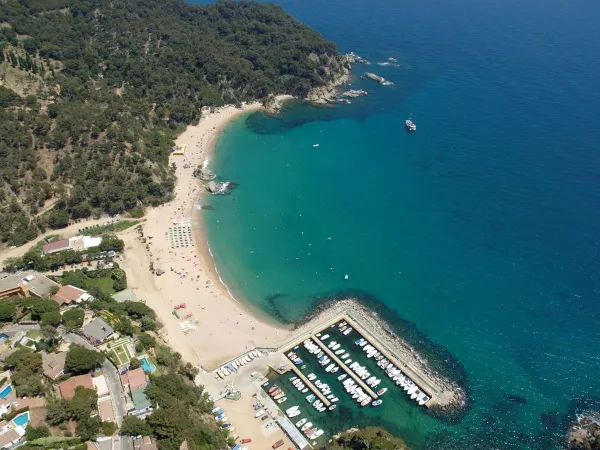 Overview of the beach and port at Roan camping Cala Canyelles.