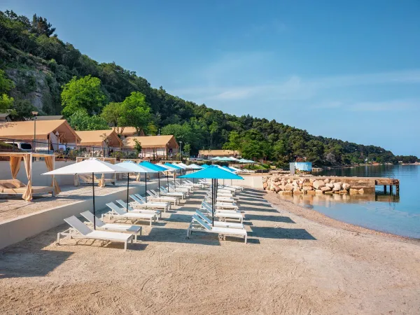 Lounge loungers on the sandy beach at Roan camping Lanterna.