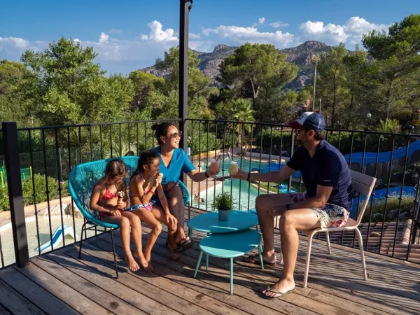 Roof terrace by pool at Roan campsite Domaine de la Noguière.