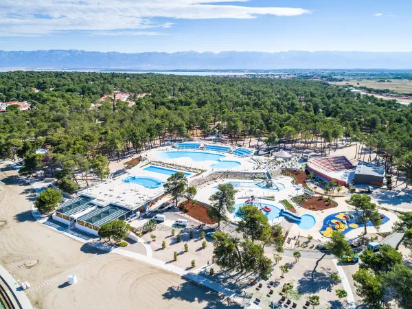 Overview beach and pool complex at Roan campsite Zaton Holiday resort.