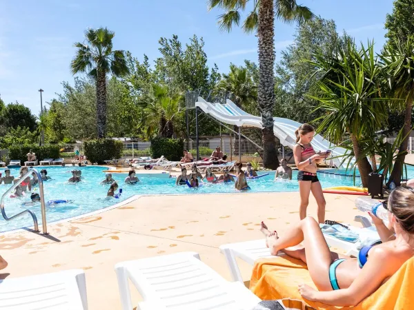 Swimming pool with sunbeds at Roan camping Les Sablines.