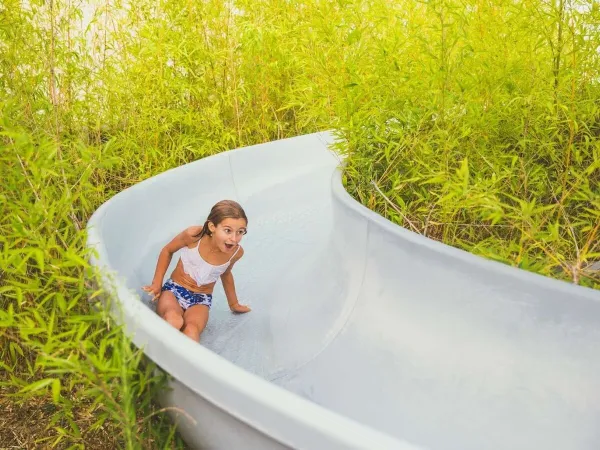 Slide down the slide in pool at Roan camping Aluna Vacances.