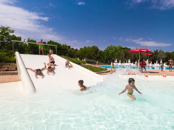 Slide in lagoon pool at Roan camping hu Montescudaio village.