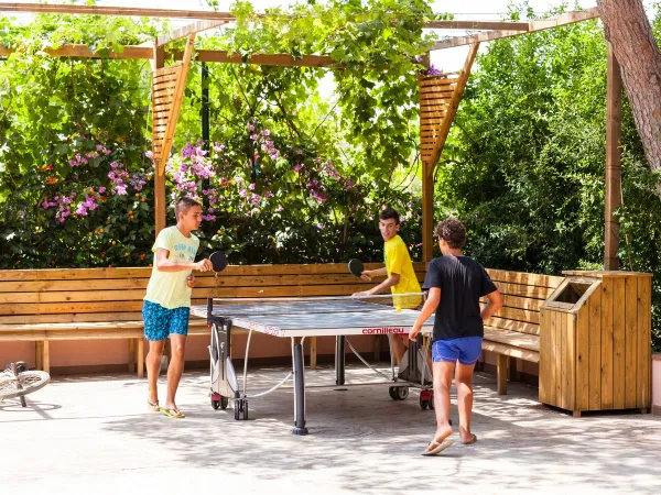 Kids playing table tennis at Roan Camping El Pinar.