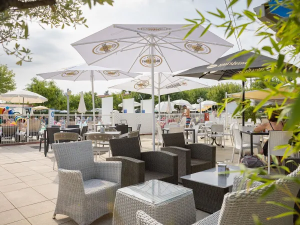 Terrace with lounge chairs and umbrellas at Roan Camping Butterfly.