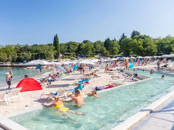 Infinity pool on the sandy beach at Roan camping Lanterna.