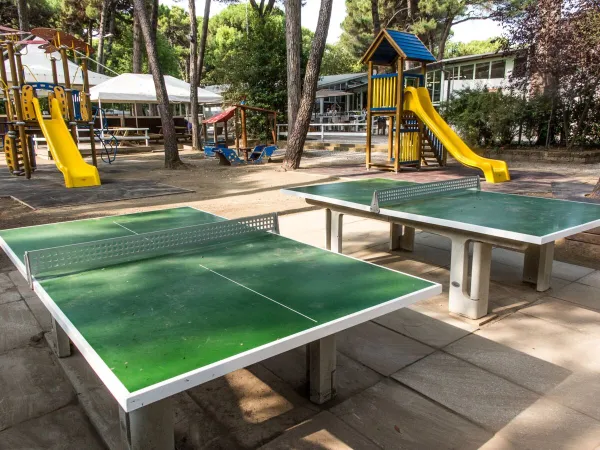 Ping-pong tables and slides in the playground at Roan camping Sole Family Camping Village.