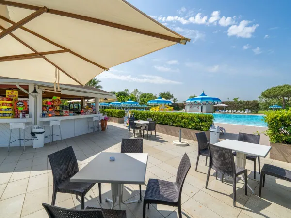 Poolside bar and terrace at Roan camping Rubicone.