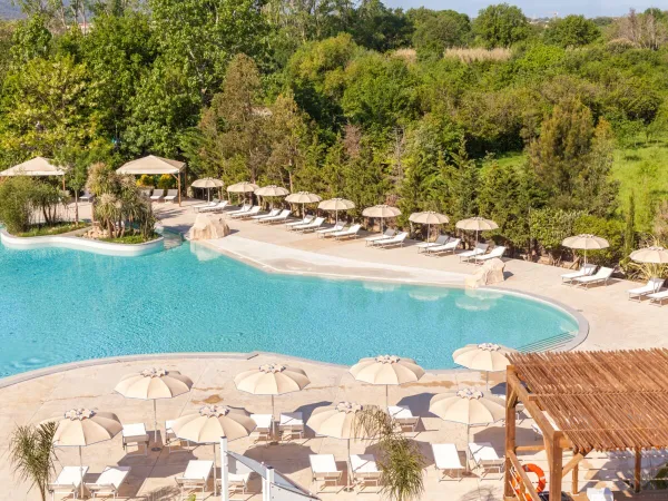 Swimming pool with sun beds and umbrellas at Roan camping La Chapelle.