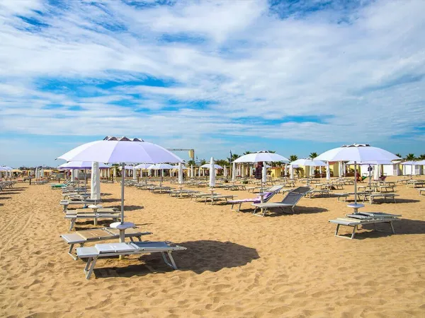 Beach with sunbeds and umbrellas at Roan camping Sole Family Camping Village.