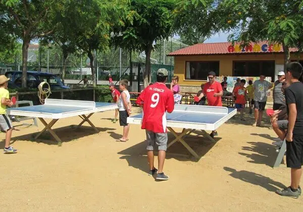 Lots of people around the table tennis tables at Roan campsite La Masia.