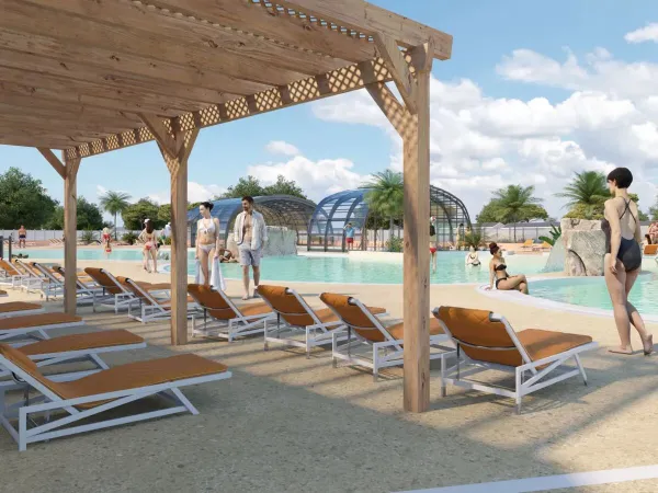 Sunbeds by the renovated pool in 2025 at Roan campsite Le Domaine du Clarys.