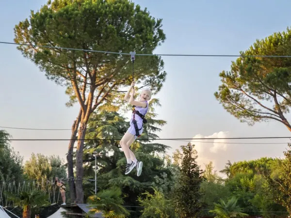 Ziplining between the treetops at Roan camping hu Altomincio village.