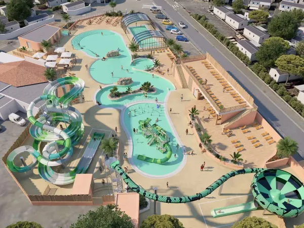 Aerial view of water park Roan camping Le Domaine du Clarys. New in 2025!