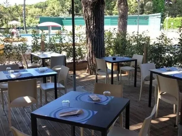 Terrace with shade by the pool at Roan camping Del Forte.