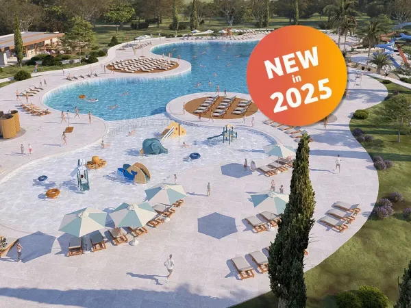 New pool complex in 2025 with slides and paddling pool at Roan campsite Zaton Holiday resort.
