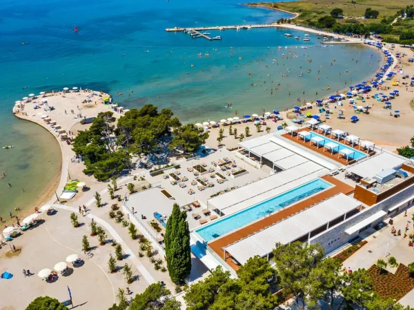 Overview restaurant and sea at Roan campsite Zaton Holiday Resort.