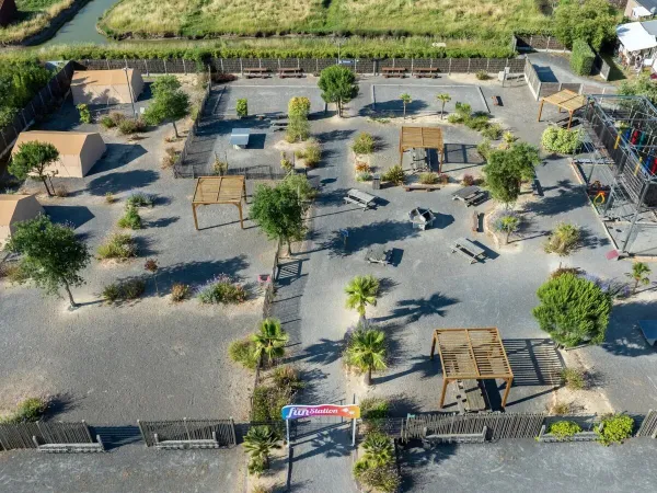 The fun station photographed from the air at Roan campsite Le Domaine du Clarys.