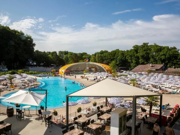 Overview photo of the swimming pool at Roan camping hu Birkelt village.