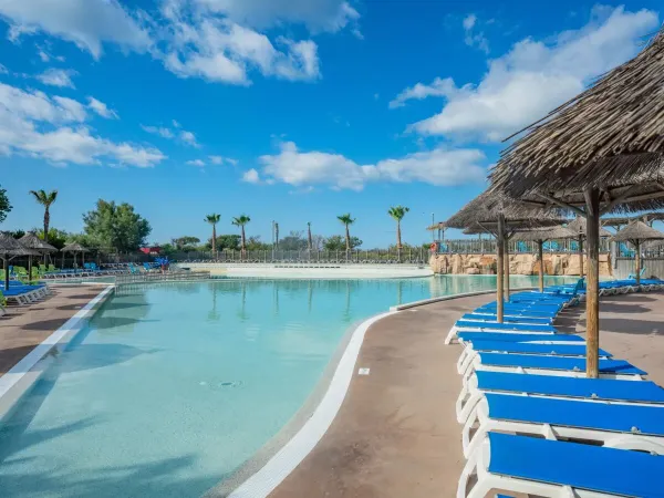 Sunbeds and parasols by the pool at Roan campsite Les Méditerranées Beach Garden.