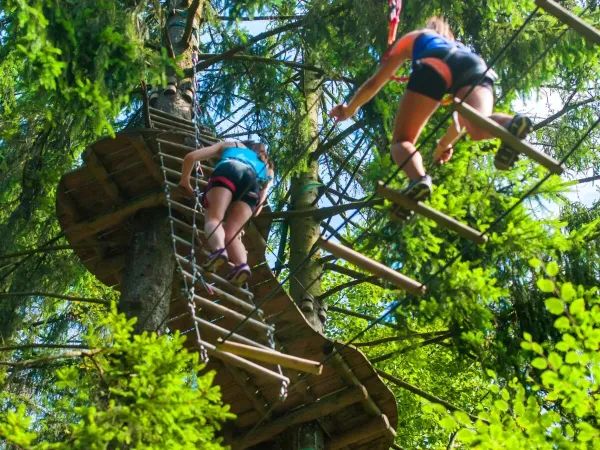 Climbing among the trees at Roan campsite Le Lac des Vieilles Forges.