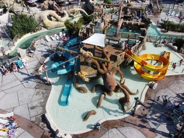 Pirate ship water playground with slides at Roan campsite Les Sables d'Or.