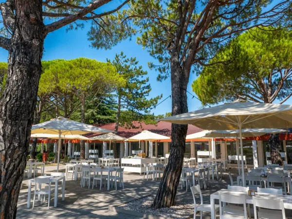Terrace with shade at Roan campsite Marina Julia Camping Village.