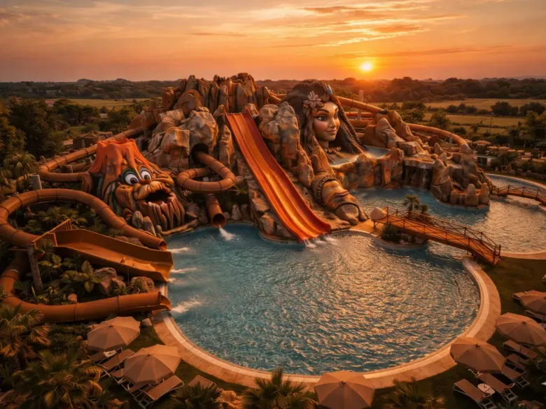 Impression image of the new pool with slides in 2026 at Roan camping Tahiti.