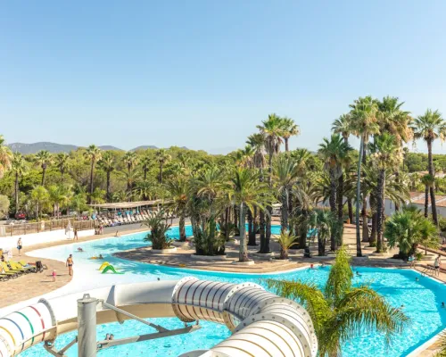 Beautiful swimming pool with palm trees at Roan camping La Baume.