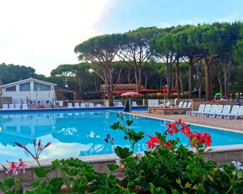 Swimming pool with sunbeds at Roan camping Del Forte.