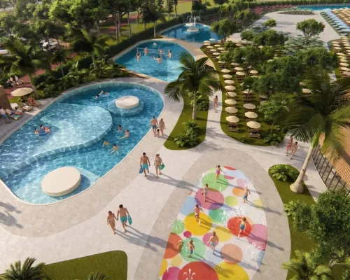 AI-generated image of the swimming pool complex at the Roan Delta Open Air Resort campsite.