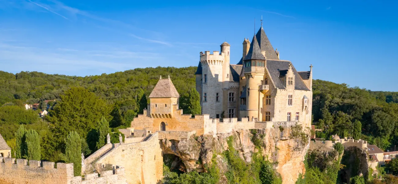 Aerial view of the Château de Montfort in Dordogne.